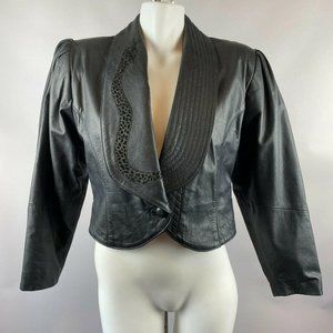 80s Black Cropped Leather Jacket Snake Applique 6